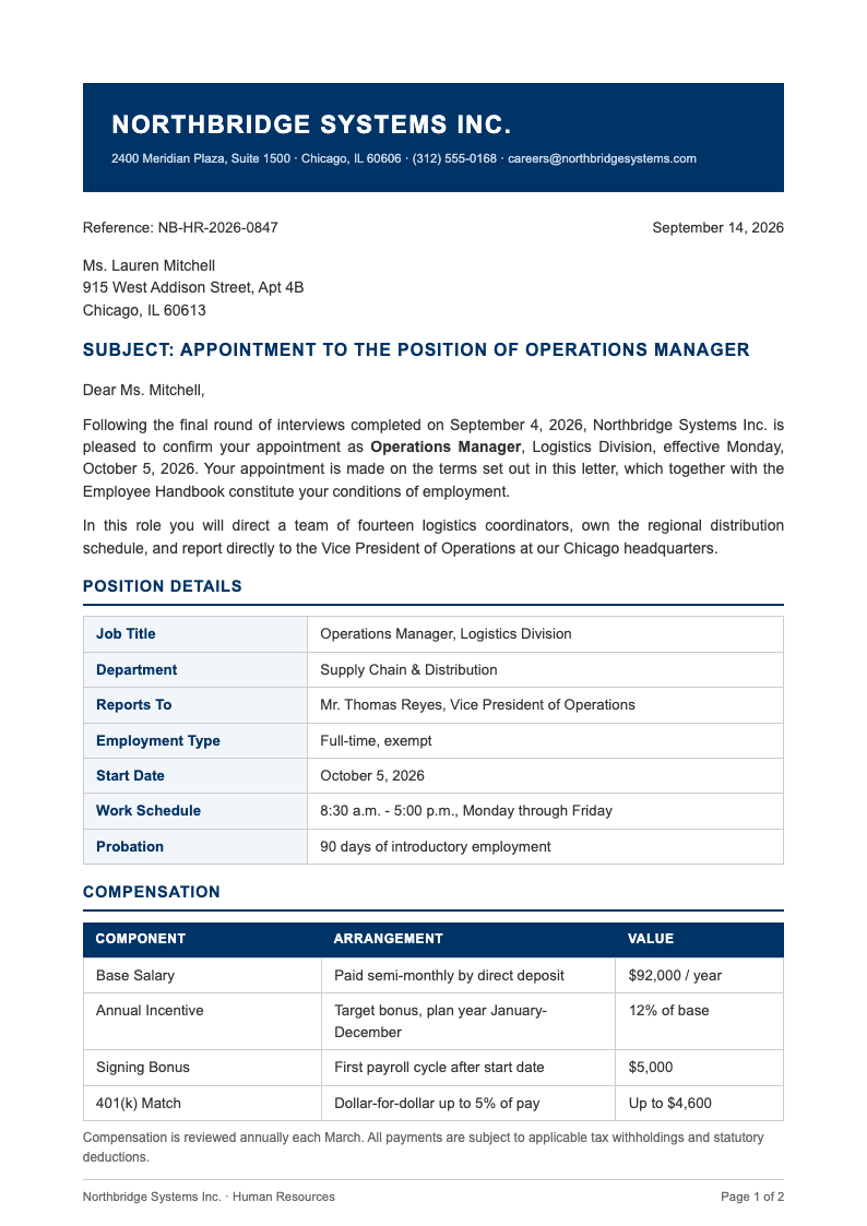 Corporate standard appointment letter